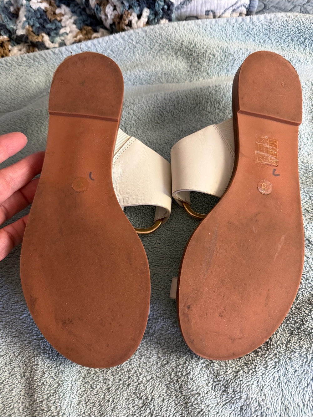 Tory Burch Cream Leather Slide Sandals with Gold Ring Accent - Picture 5 of 13